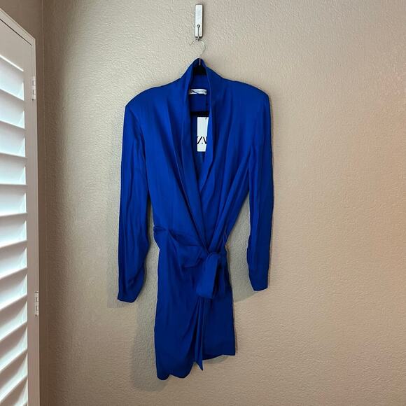 New Zara Blazer Wrap Shirt Dress Ruched Royal Blue Long Sleeve XL NWT - Picture 2 of 10
